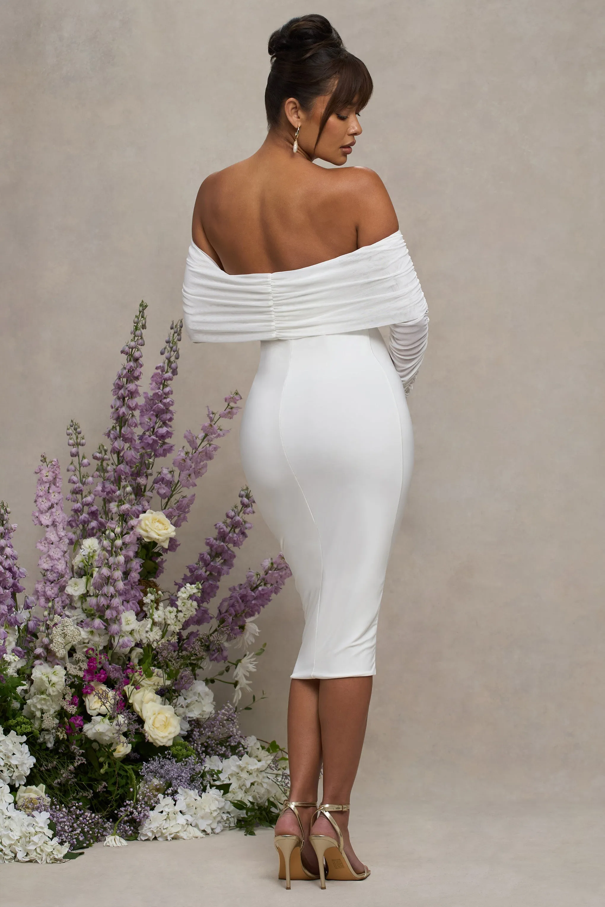 Patiently Waiting | White Maternity Ruched Mesh Bardot Midi Dress