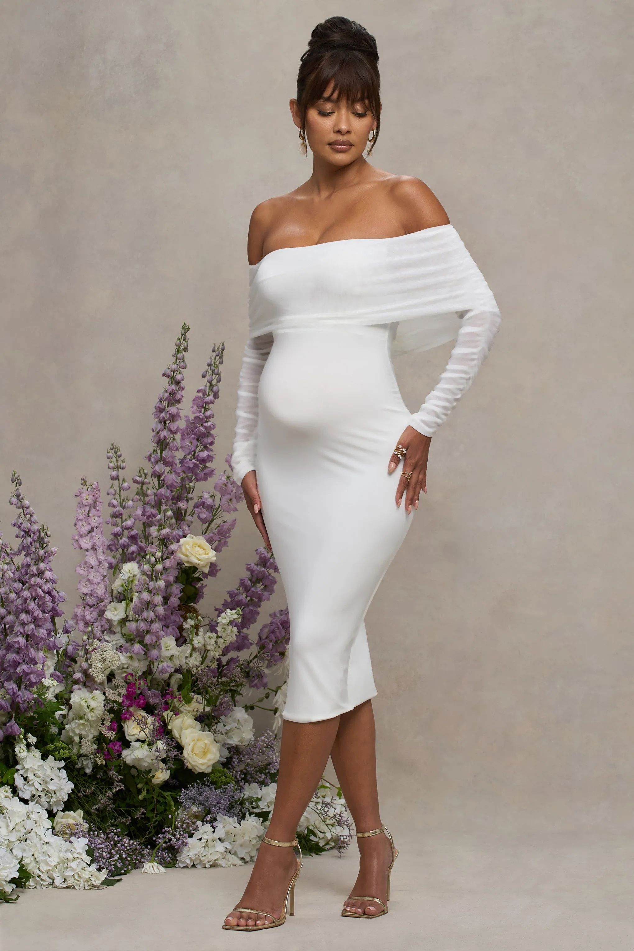 Patiently Waiting | White Maternity Ruched Mesh Bardot Midi Dress