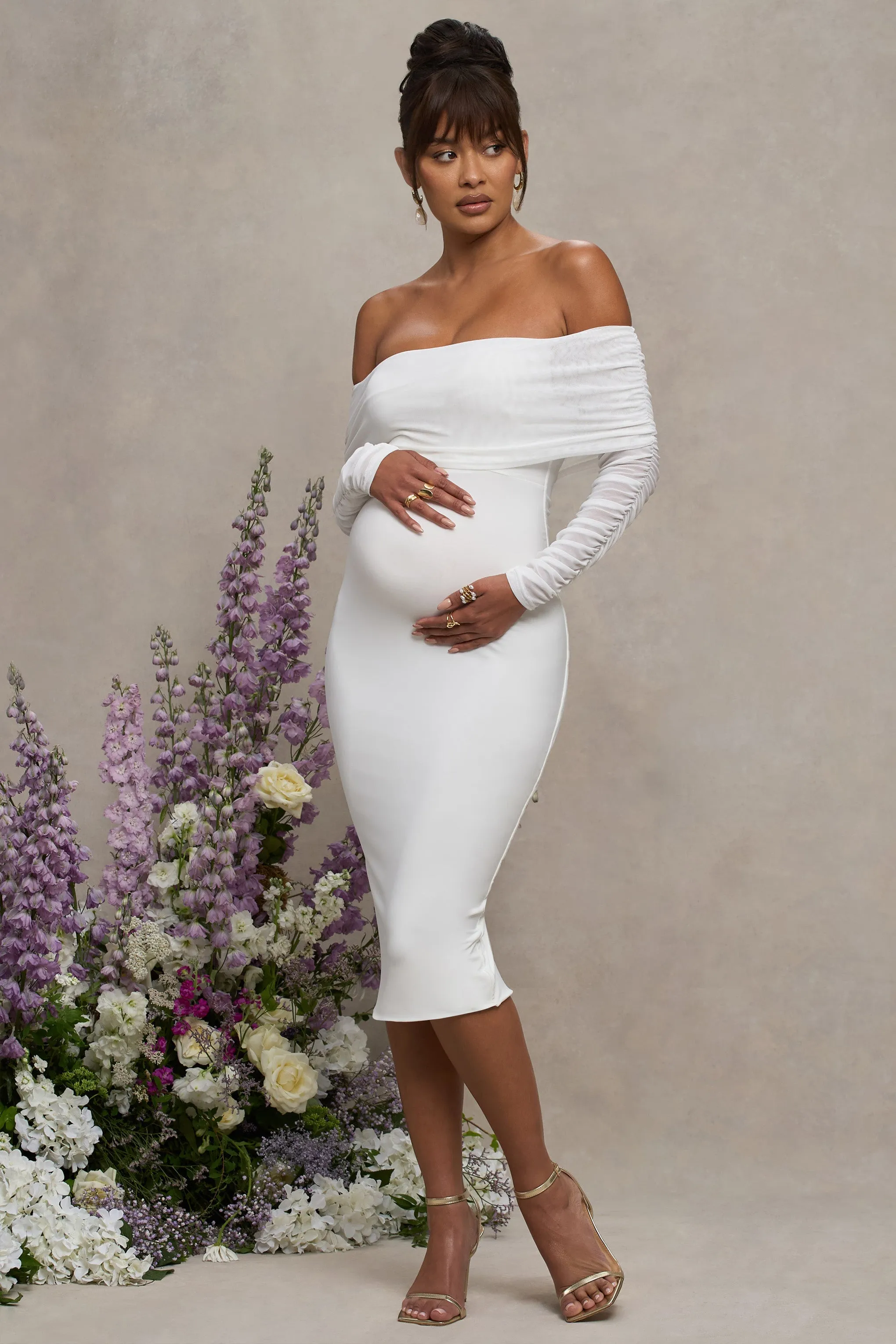 Patiently Waiting | White Maternity Ruched Mesh Bardot Midi Dress