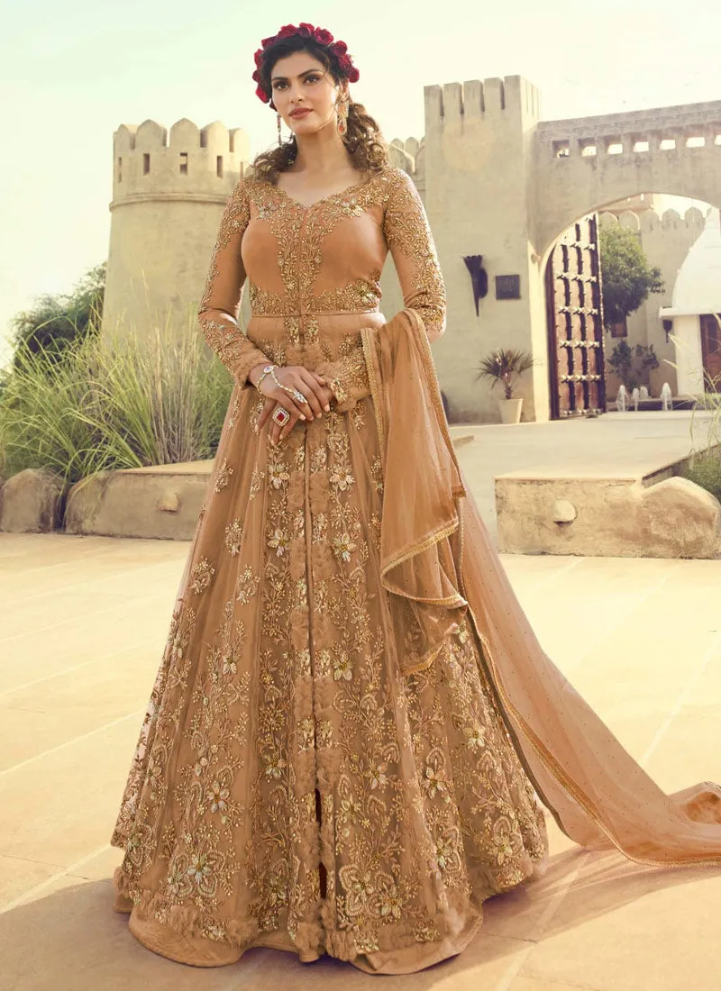 Peach Golden Embroidered Slit Anarkali Lehenga Suit