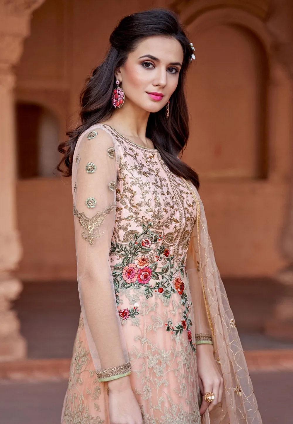 Peach Multi Embroidered Net Anarkali Suit