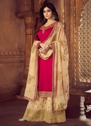 Pink And Golden Traditional Embroidered Palazzo Suit