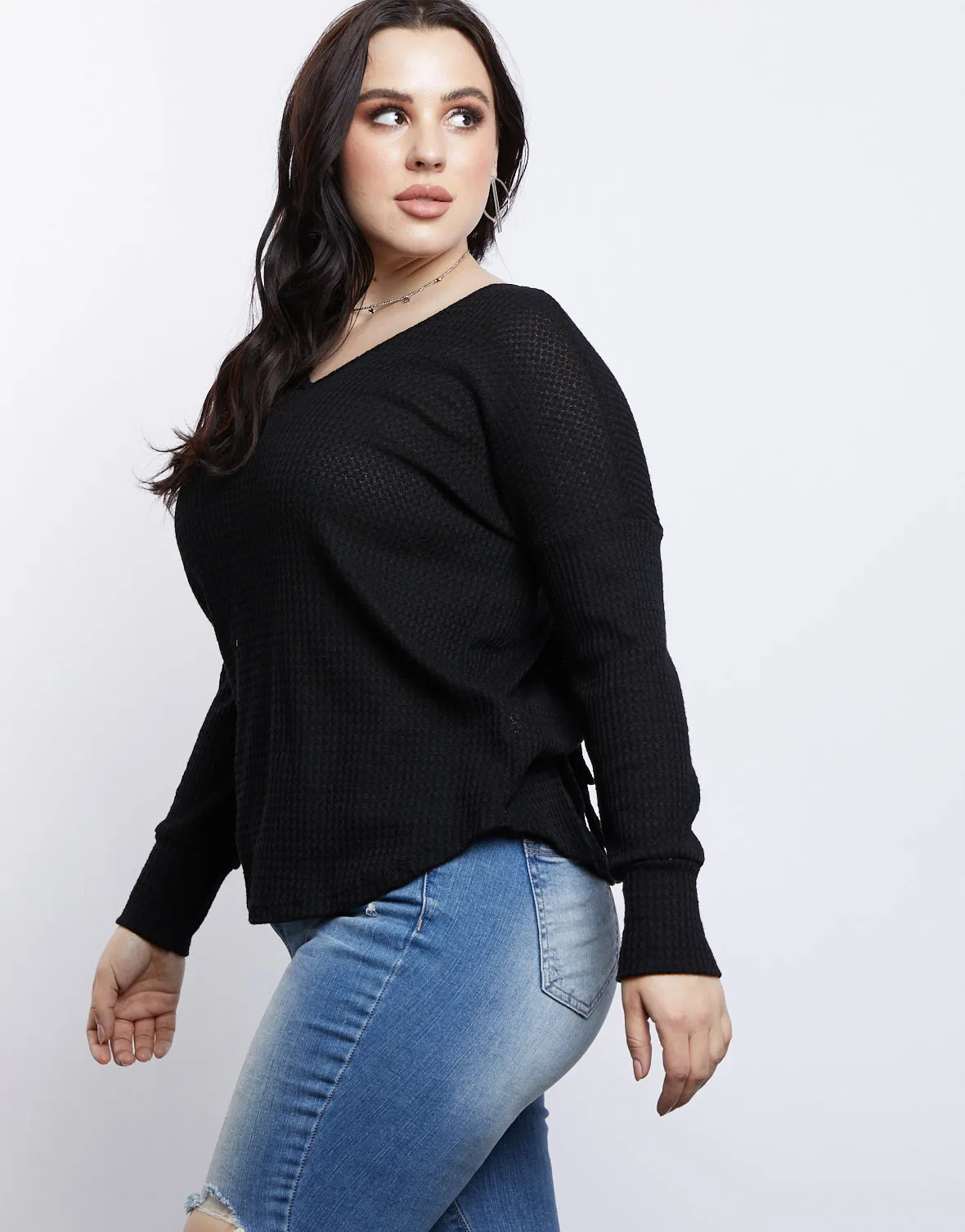 Plus Size Lace Em' Up Waffle Knit Top