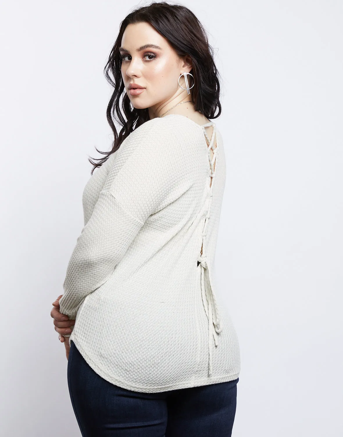 Plus Size Lace Em' Up Waffle Knit Top