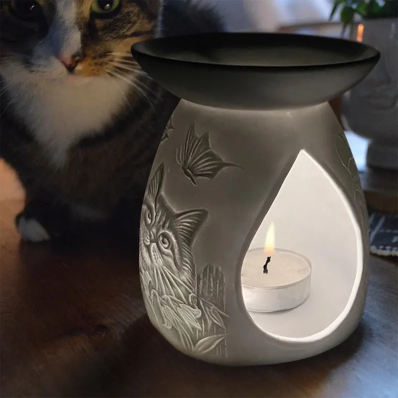 Porcelain Cat & Butterflies Tealight Burner