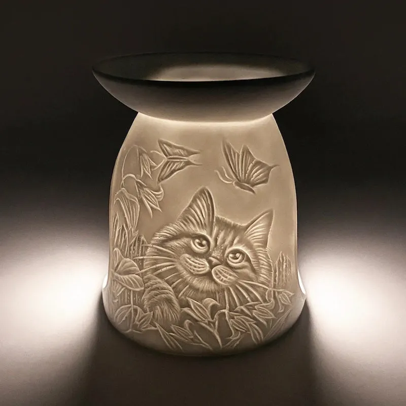 Porcelain Cat & Butterflies Tealight Burner