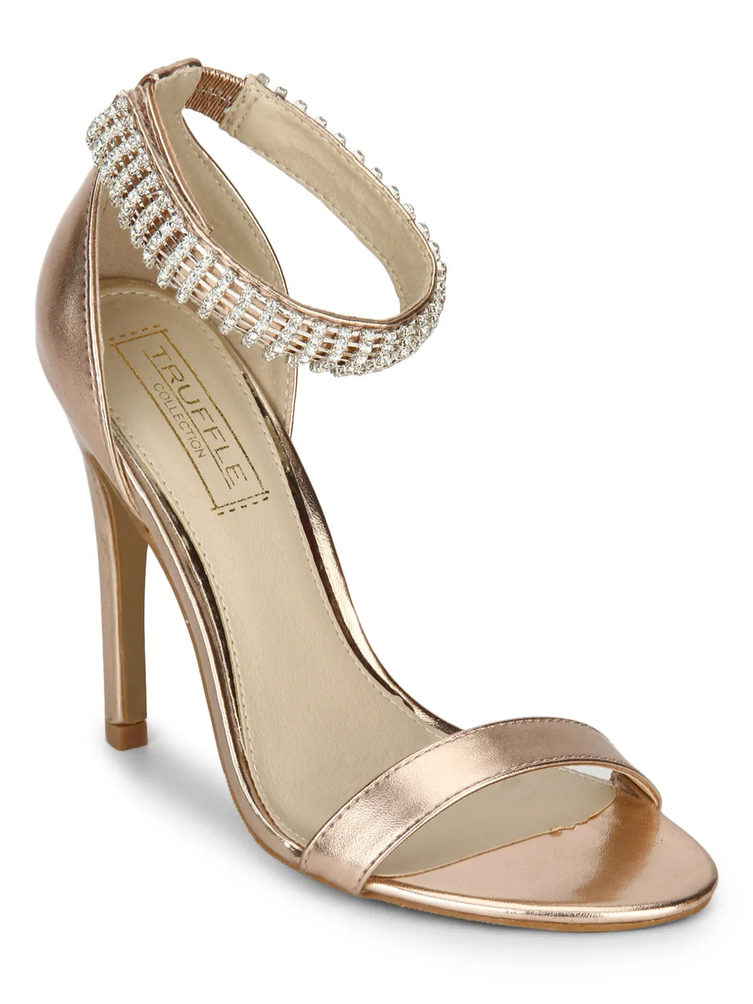 Rose Gold Diamante Ankle Strap Stilettos