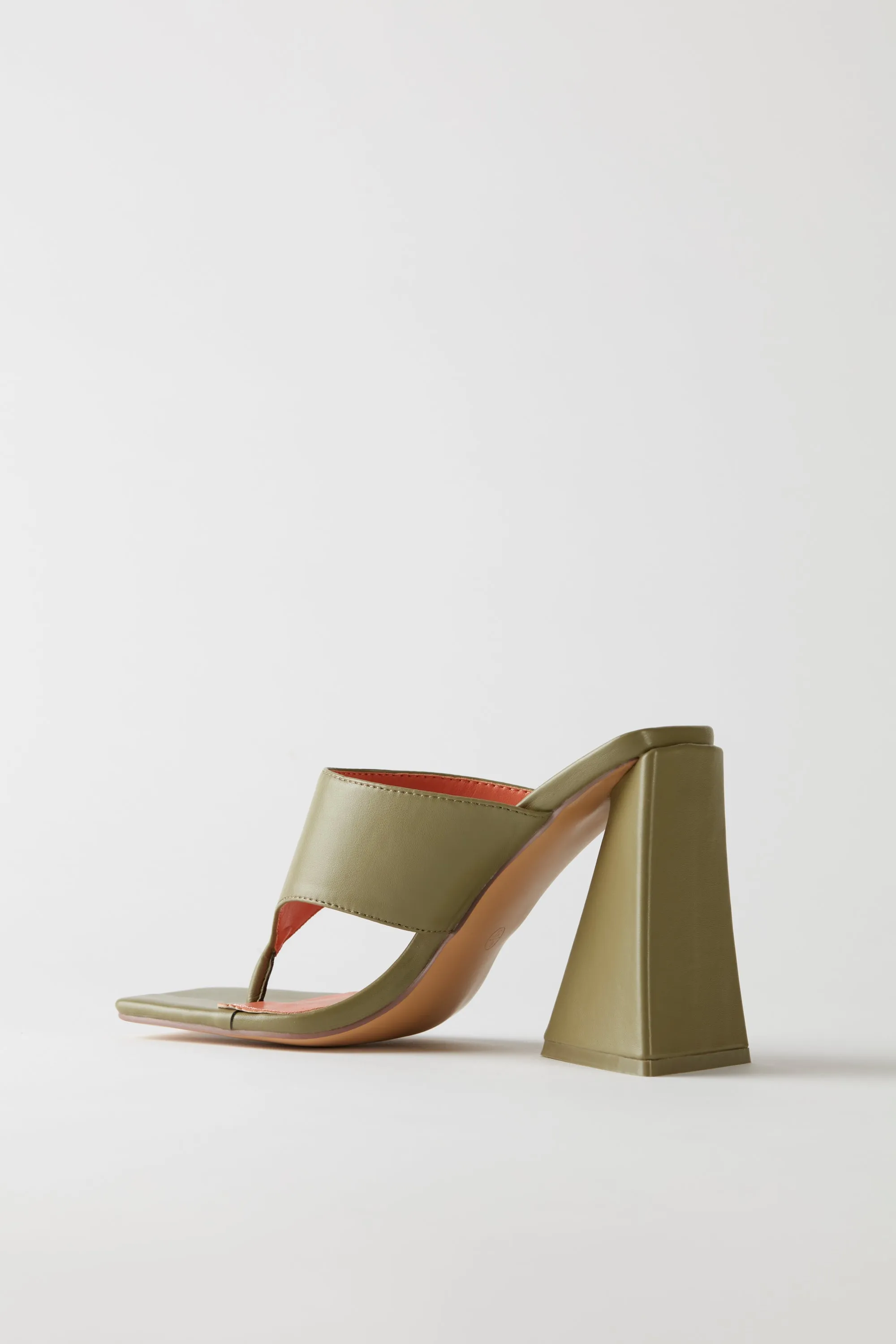 Toe Post Leatherette Mule Heels in Olive