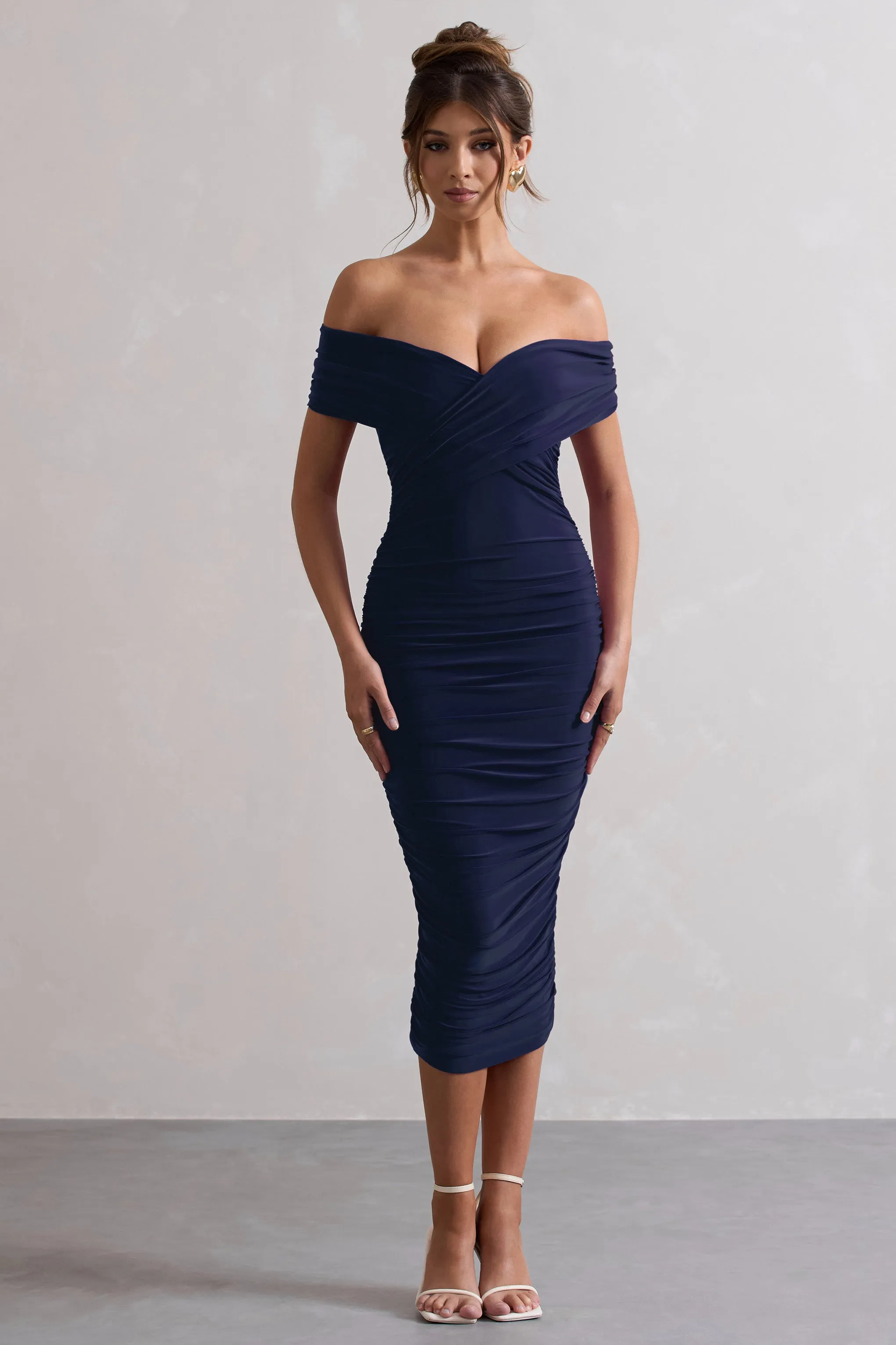 Unwrapped | Navy Ruched Twist Bardot Midi Dress