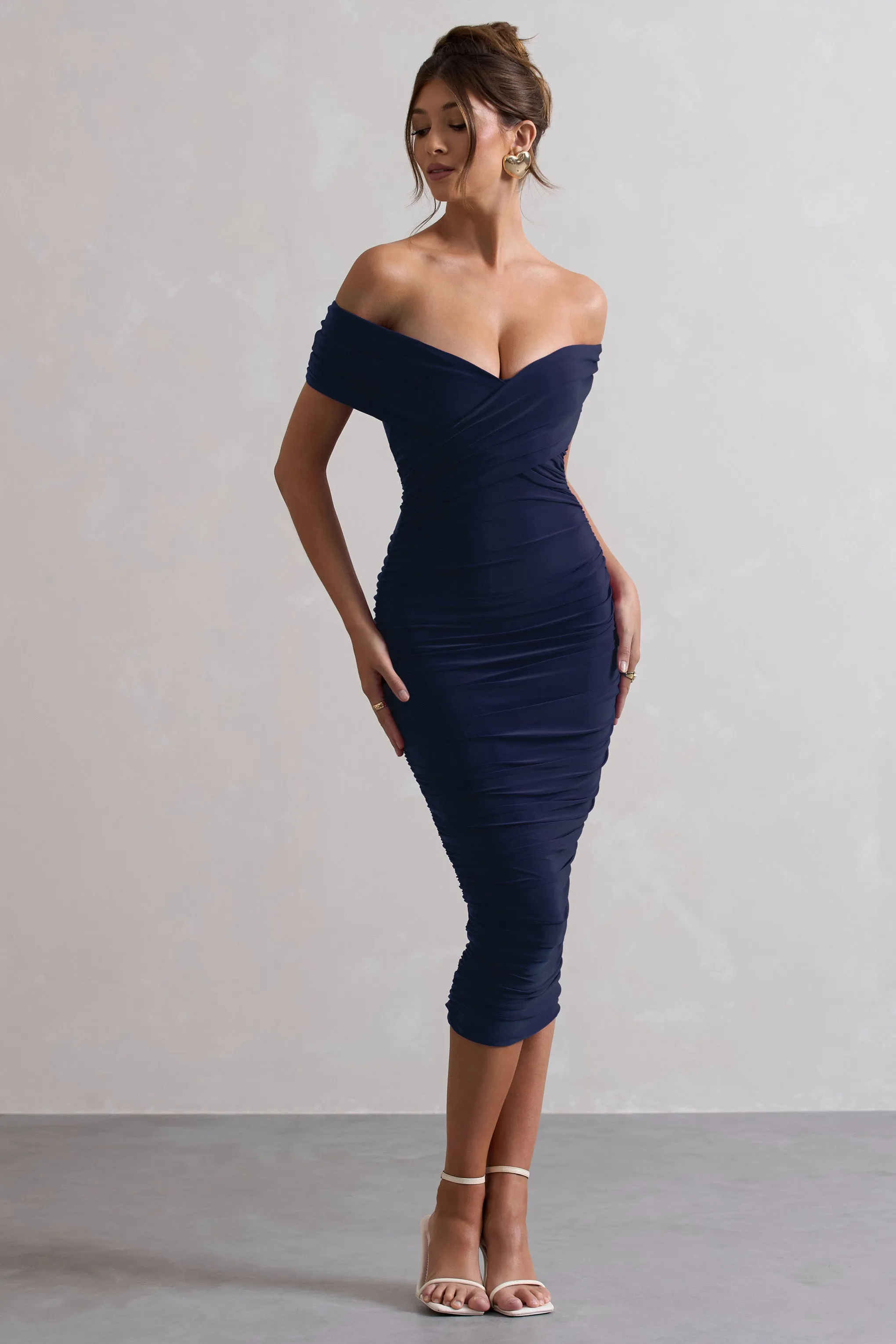 Unwrapped | Navy Ruched Twist Bardot Midi Dress