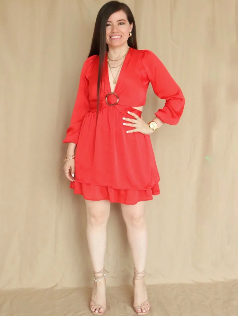 VESTIDO CORTO 2 CAPAS CON HEBILLA ROJO ENTERO