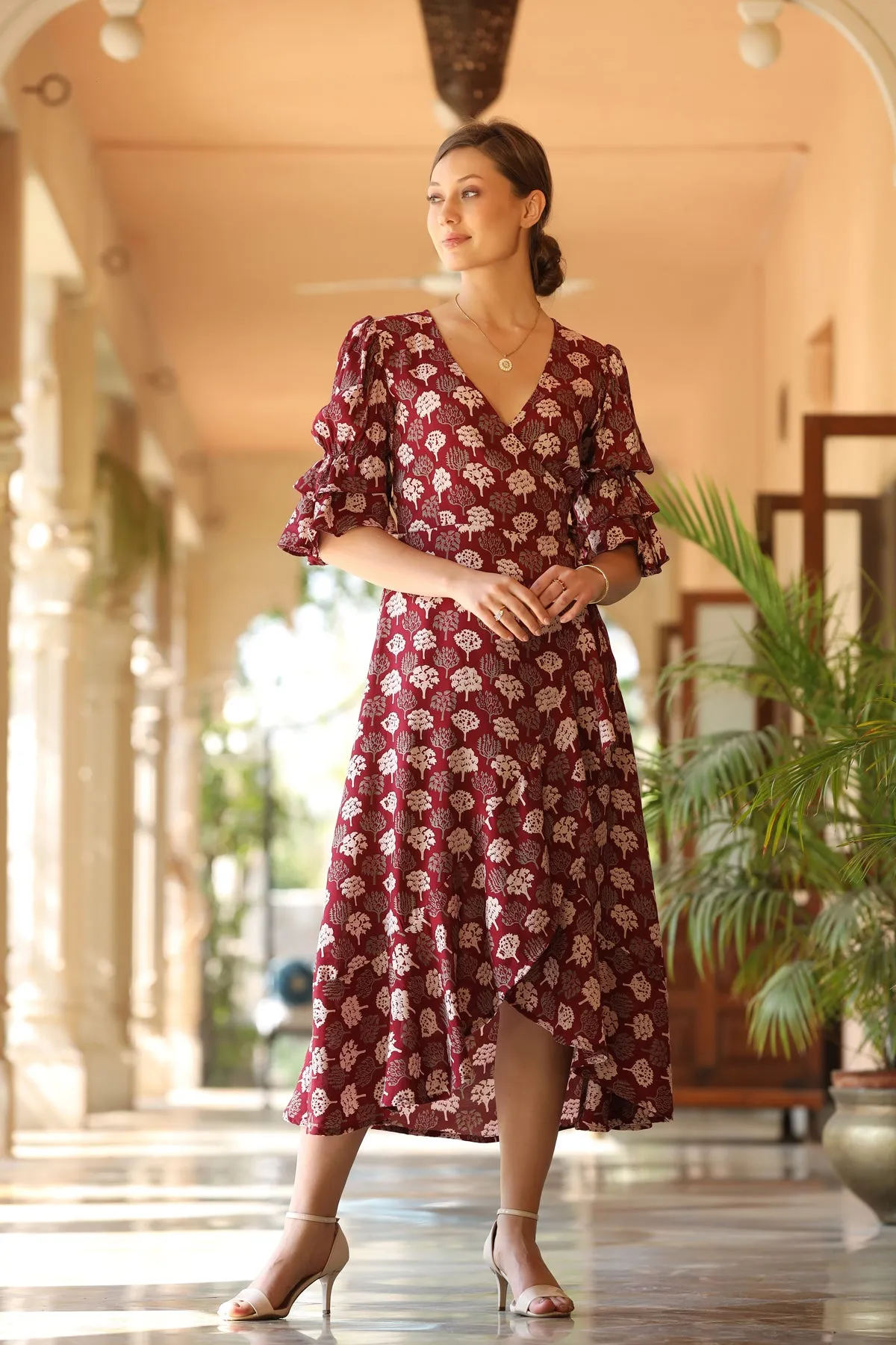 Wildflower Boho Maroon Silk Wrap Around Dress