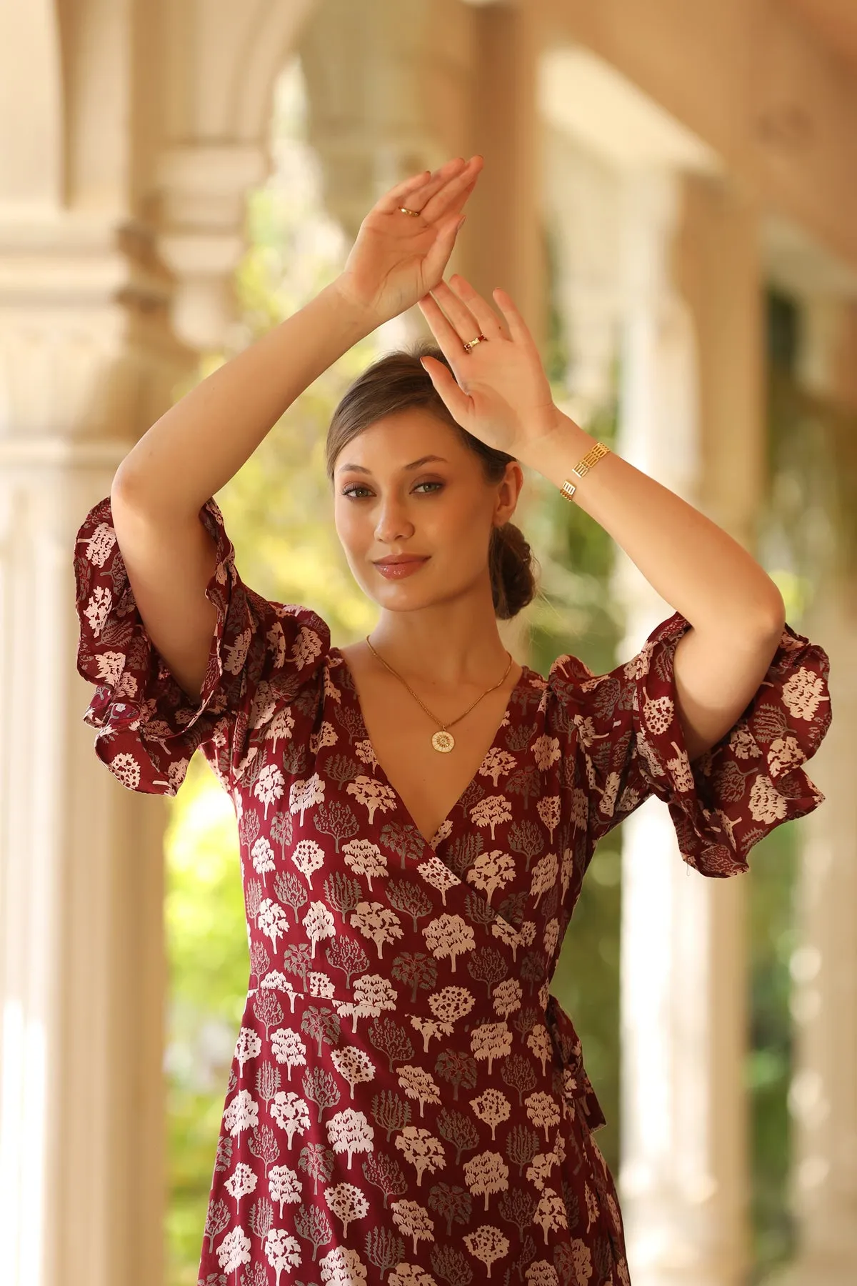 Wildflower Boho Maroon Silk Wrap Around Dress