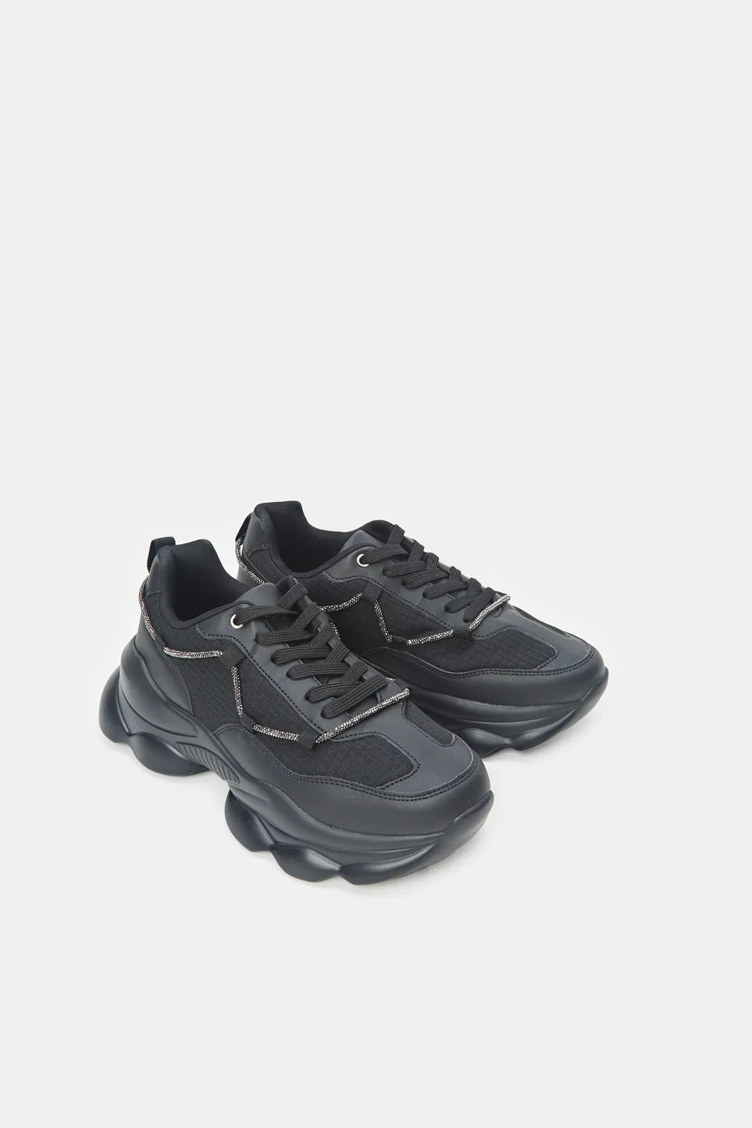 Women Black Chunky Trainer With Silver Trims