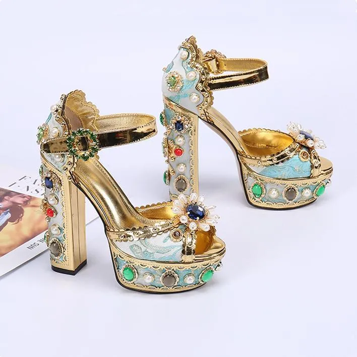 Women peep toe sparkly rhinestone chunky heel platform gold heels