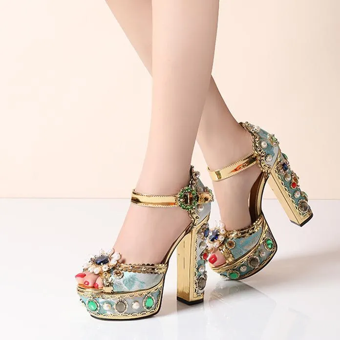 Women peep toe sparkly rhinestone chunky heel platform gold heels