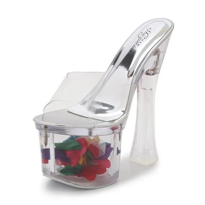 Women peep toe strap platform flower chunky clear heels