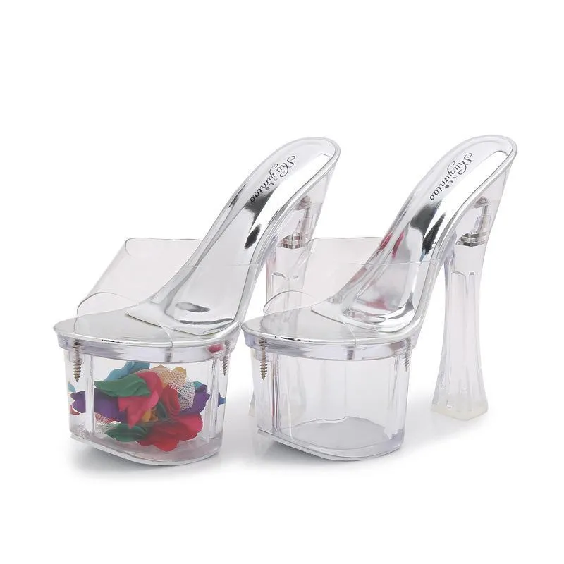 Women peep toe strap platform flower chunky clear heels