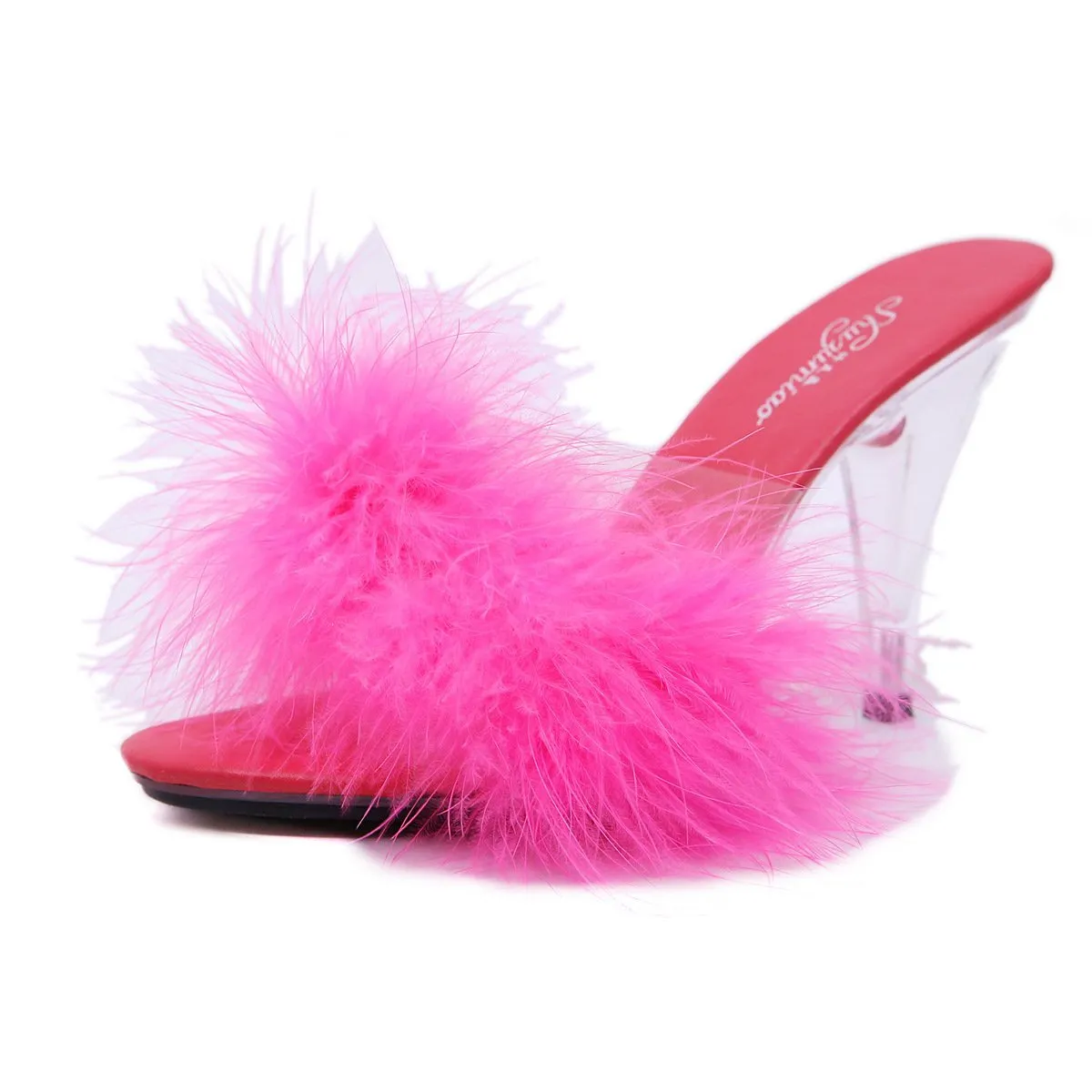 Women prom sexy fluffy peep toe slide clear chunky heels