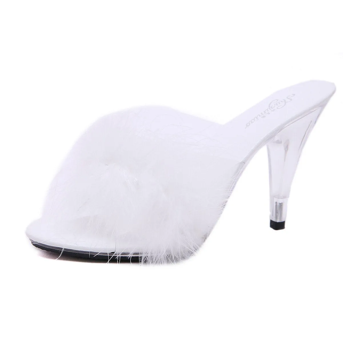 Women prom sexy fluffy peep toe slide clear chunky heels