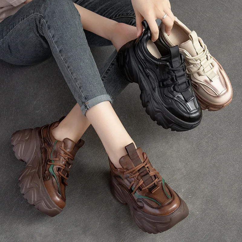 Women Retro Patchwork Leather Chunky Platform Sneakers