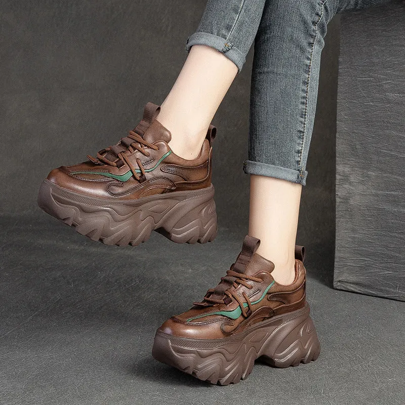 Women Retro Patchwork Leather Chunky Platform Sneakers