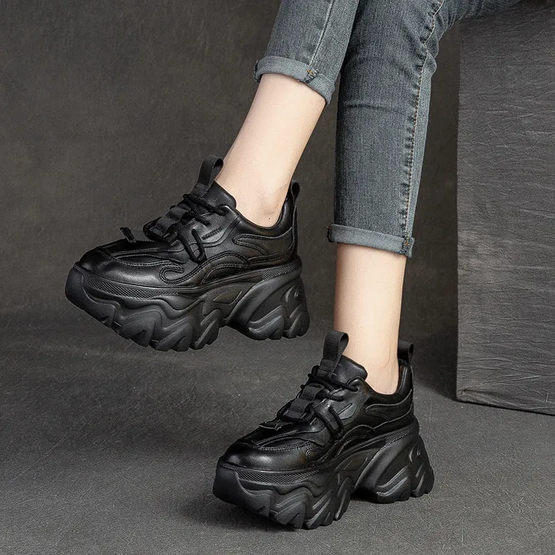 Women Retro Patchwork Leather Chunky Platform Sneakers