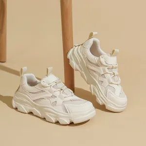 Women's Genuine Leather Chunky Sneakers in White/Apricot