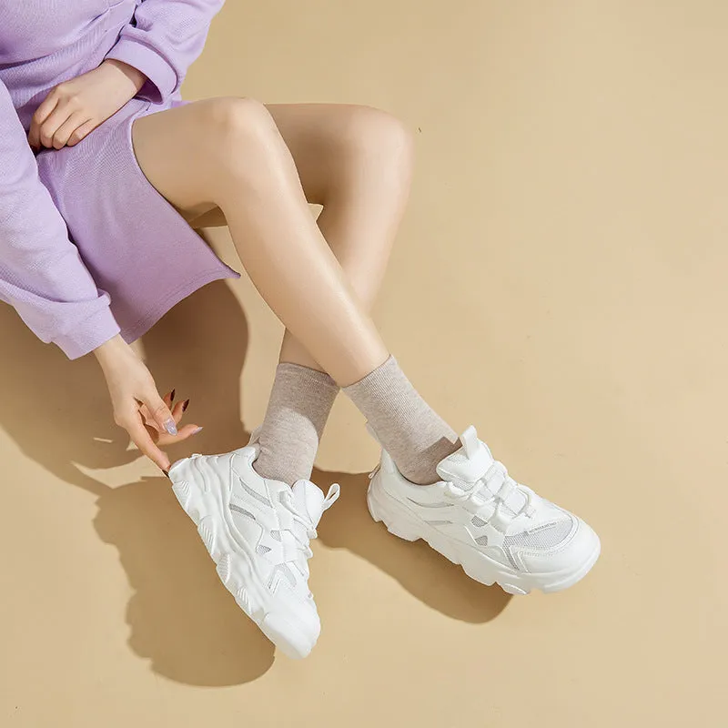 Women's Genuine Leather Chunky Sneakers in White/Apricot