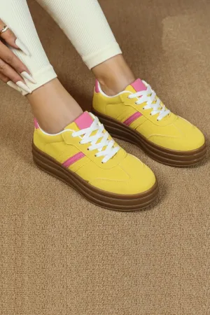 YELLOW CHUNKY LACE UP STRIPED SIDE DETAIL DESIGNER TRAINERS