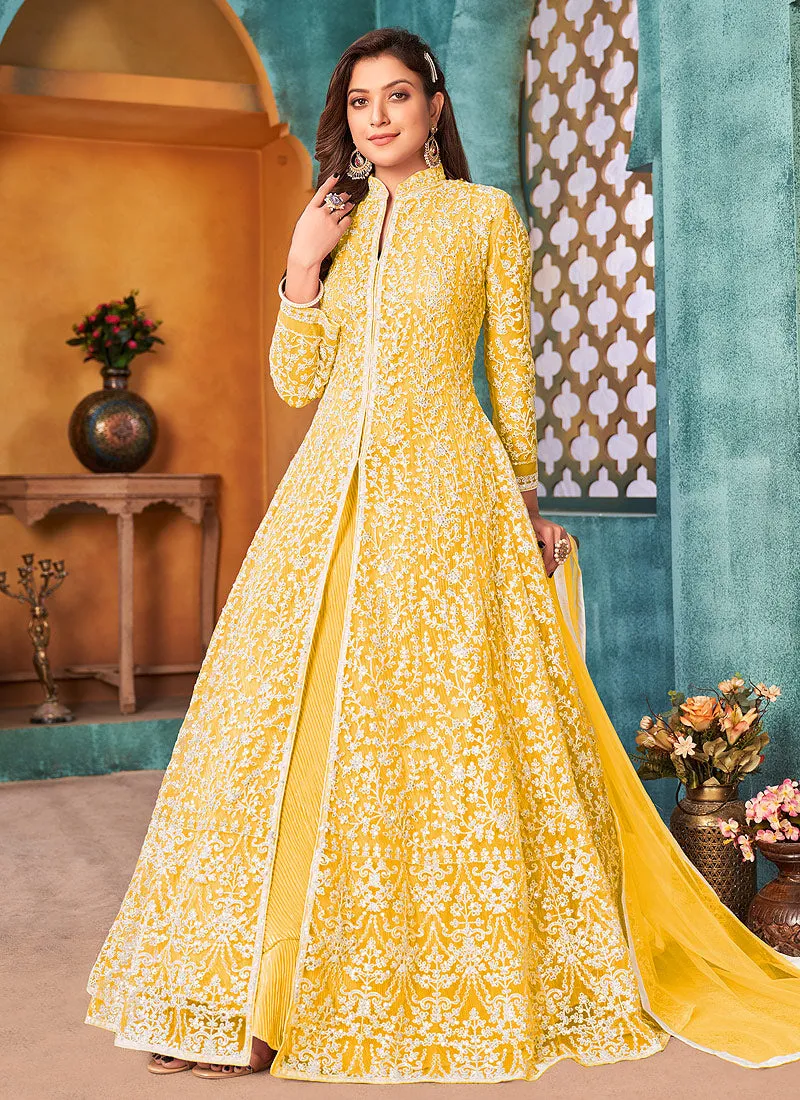 Yellow Traditional Embroidered Anarkali Pant Suit