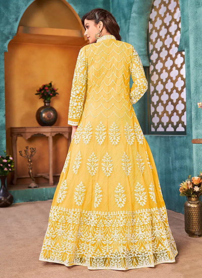 Yellow Traditional Embroidered Anarkali Pant Suit